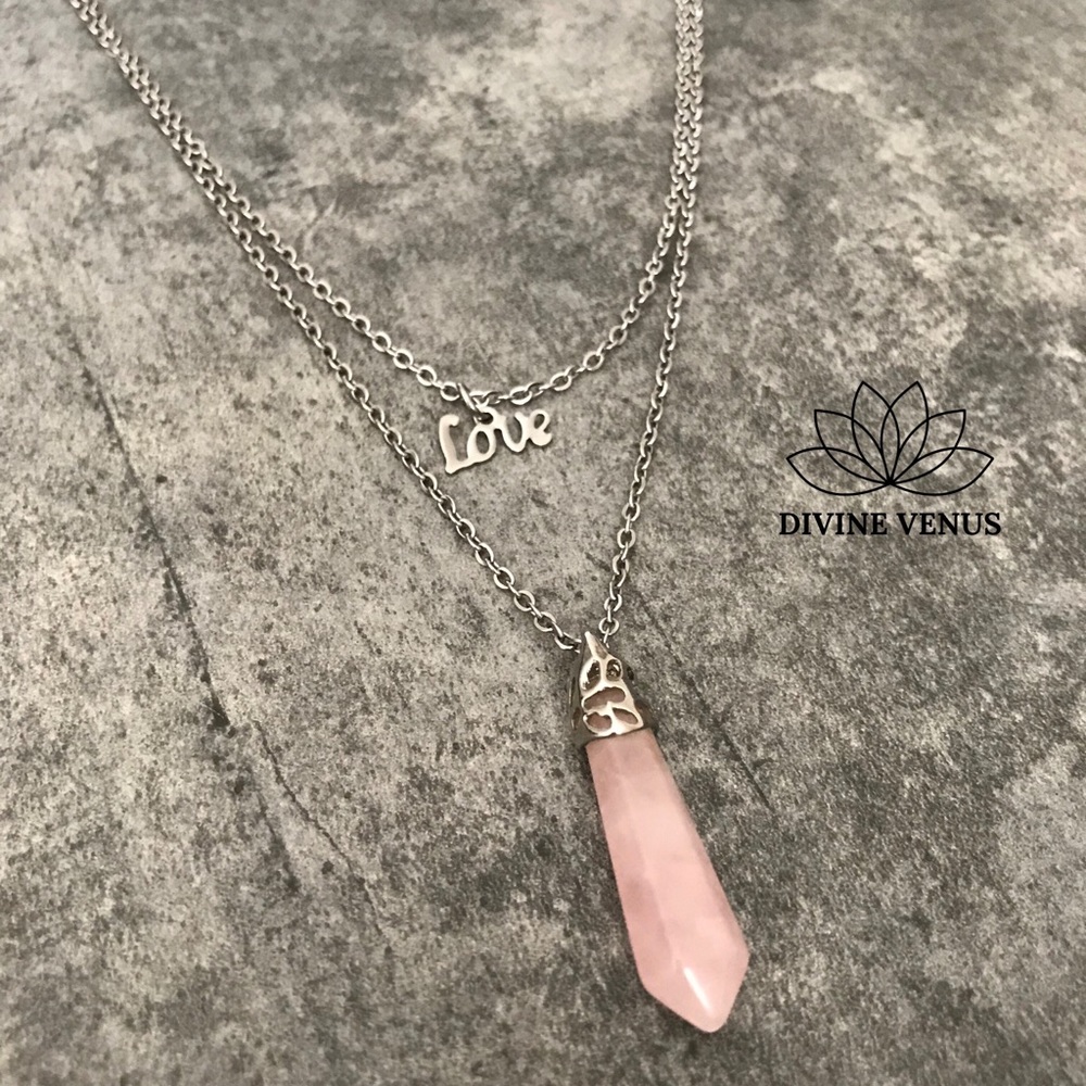 Rose Quartz Love Pendent Stainless Steel Necklace - Picture 4 of 8